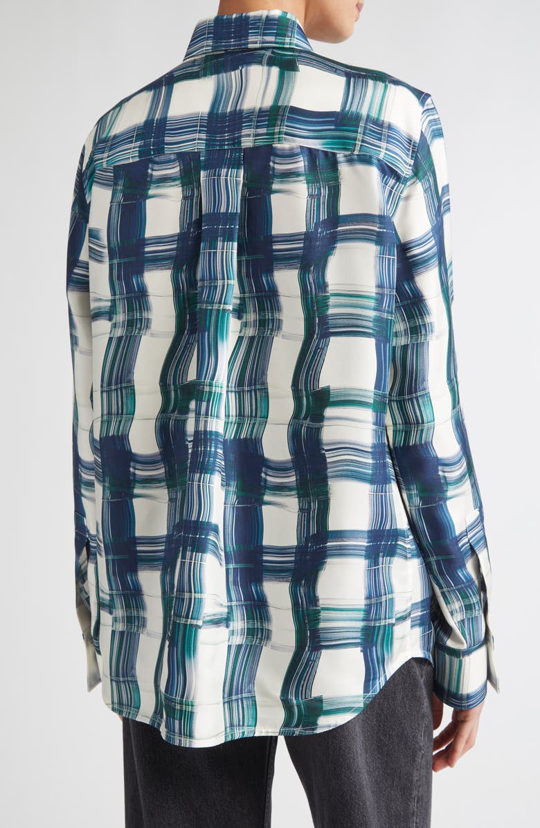 FERRAGAMO Brushstroke Print Silk Button-Up Shirt, Alternate, color, New Navy/ Moss