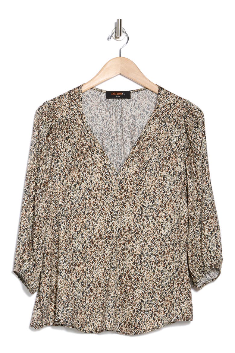 Dot V-Neck Three-Quarter Sleeve Top, Alternate, color, BLACK