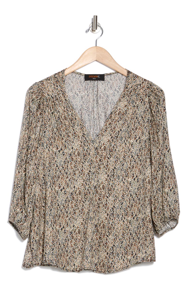 Renee C Dot V-Neck Three-Quarter Sleeve Top, Alternate, color, Black