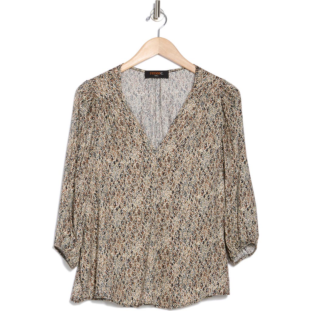 Renee C Dot V-neck Three-quarter Sleeve Top In Black