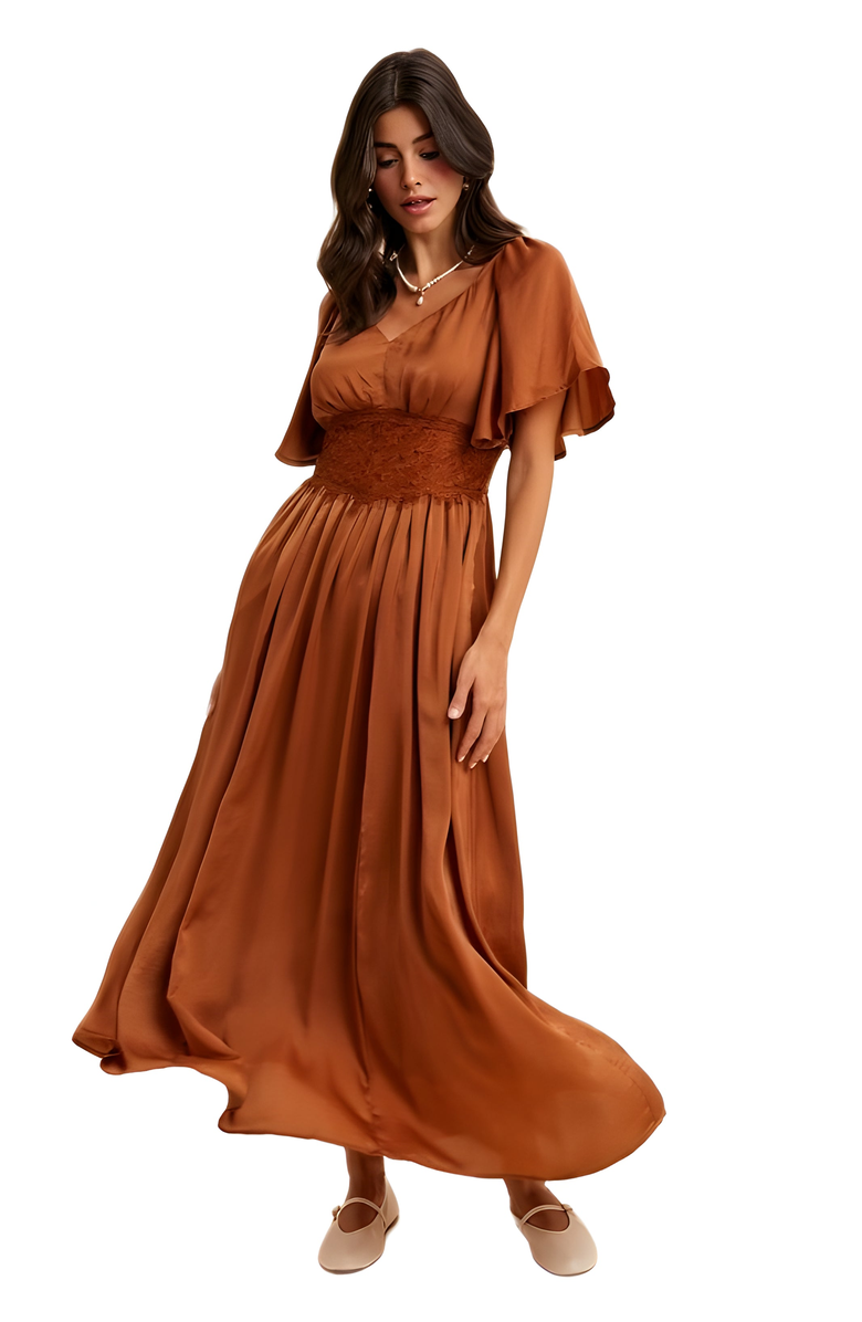 Knit and Lounge Lace Waist Flutter Sleeve Maxi Dress, Alternate, color, Rust