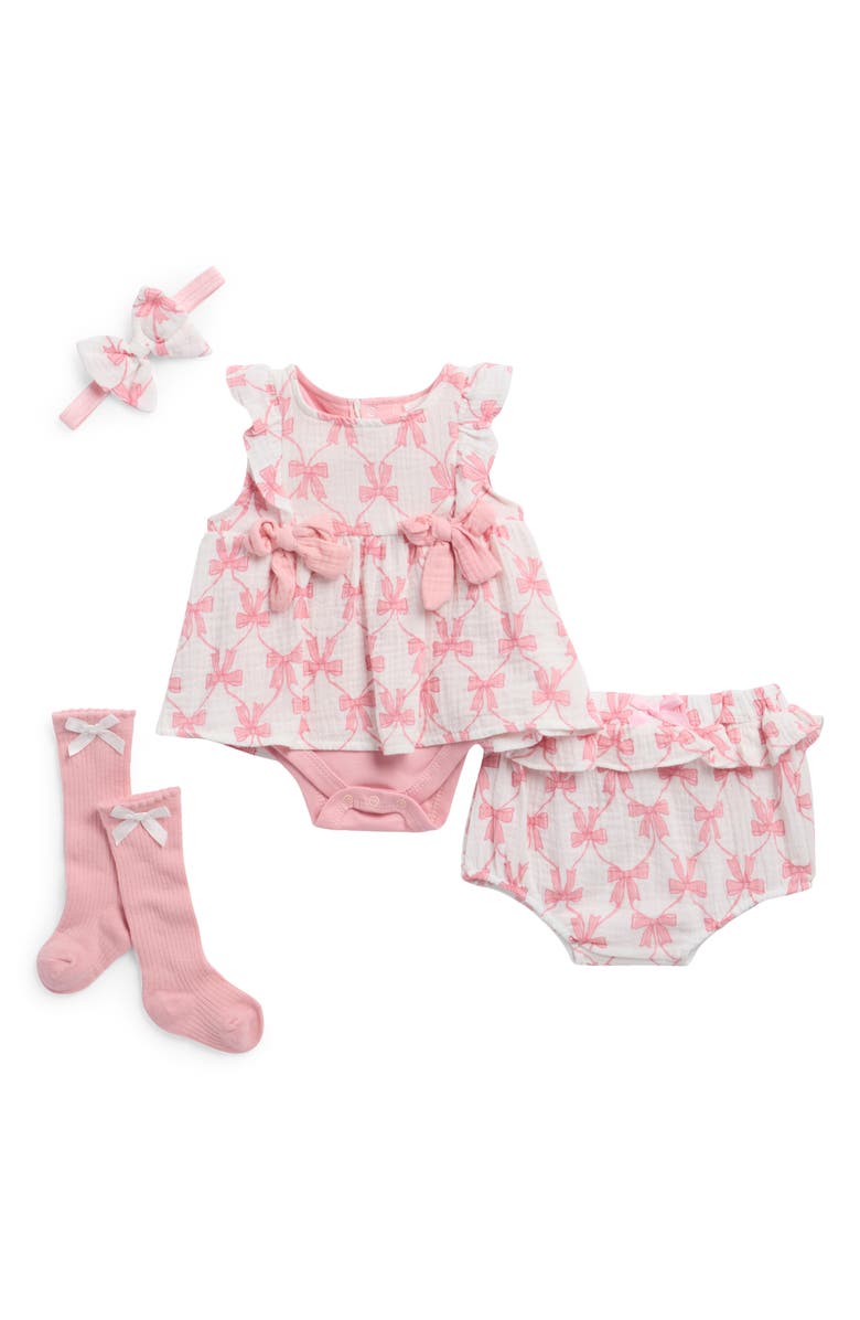 Nicole Miller Bow Skirted Dress, Bloomers, Headband & Socks Set, Main, color, Coral Blush