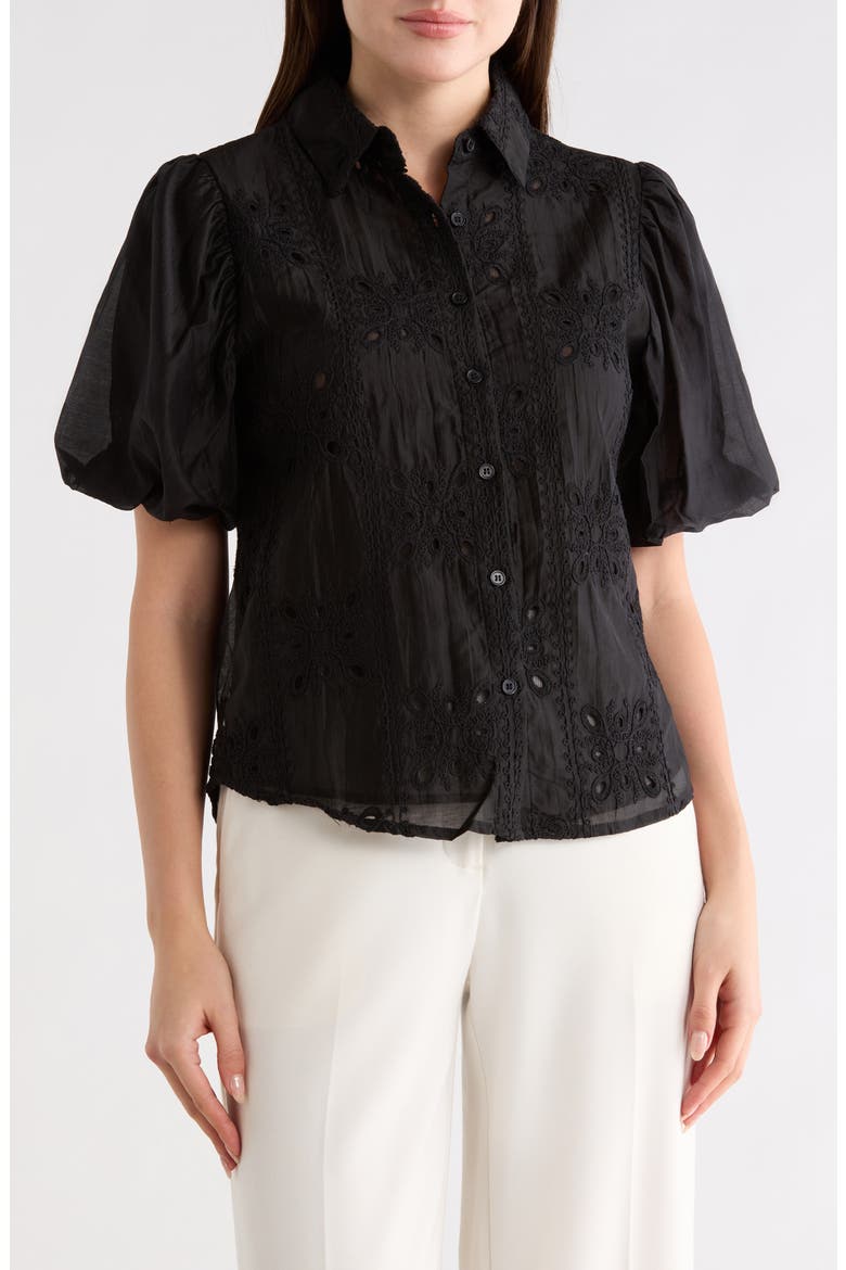 Bubble Sleeve Button Front Top, Main, color, BLACK