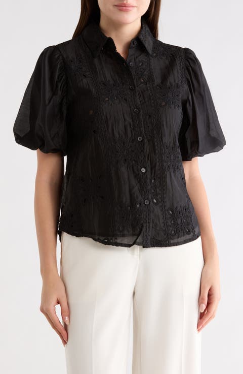 Bubble Sleeve Button Front Top