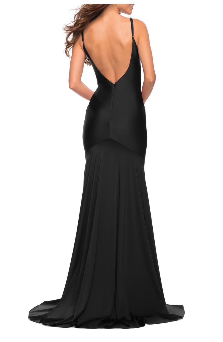 La Femme Chic Luxe Jersey Gown with Train and V Back, Alternate, color, Black