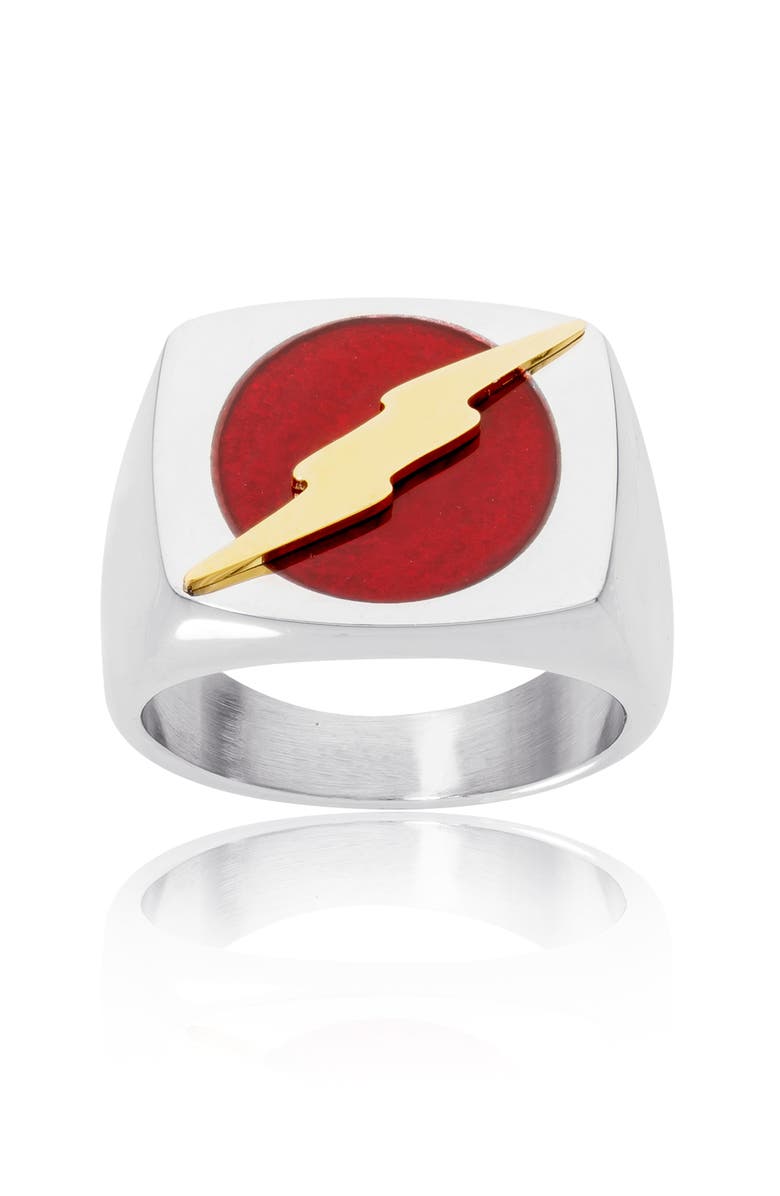 DC Comics Stainless Steel Justice League Superhero Logo Ring Jewelry, The Flash, Size 10, Main, color, Silver, Red