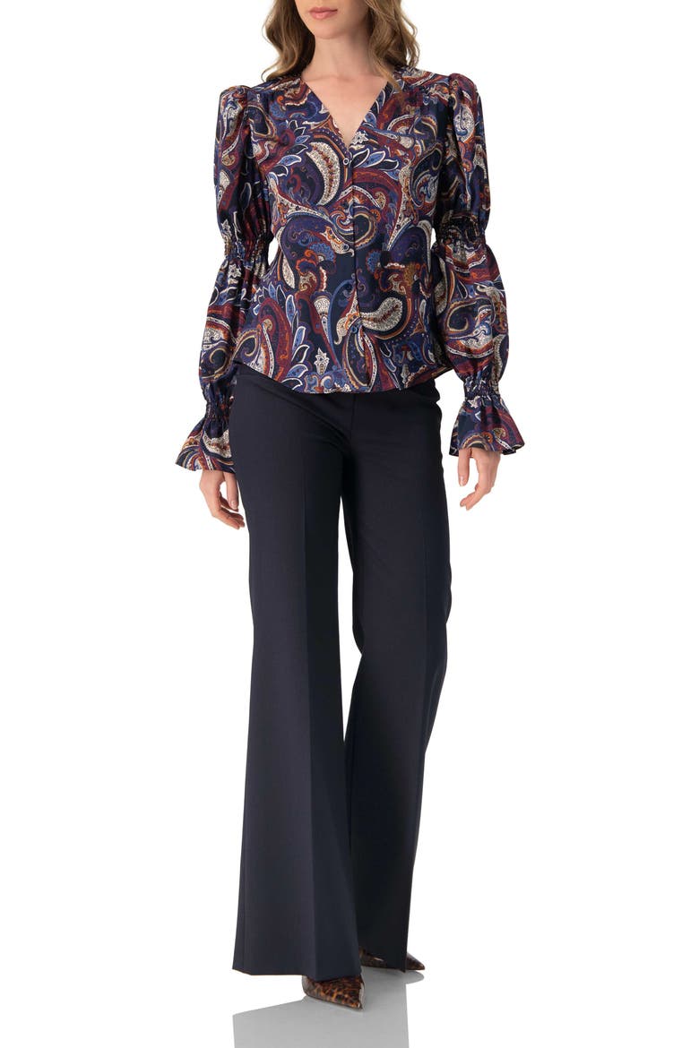 V-Neck Printed Shirt With Smocked Sleeves, Alternate, color, Multi-Brown