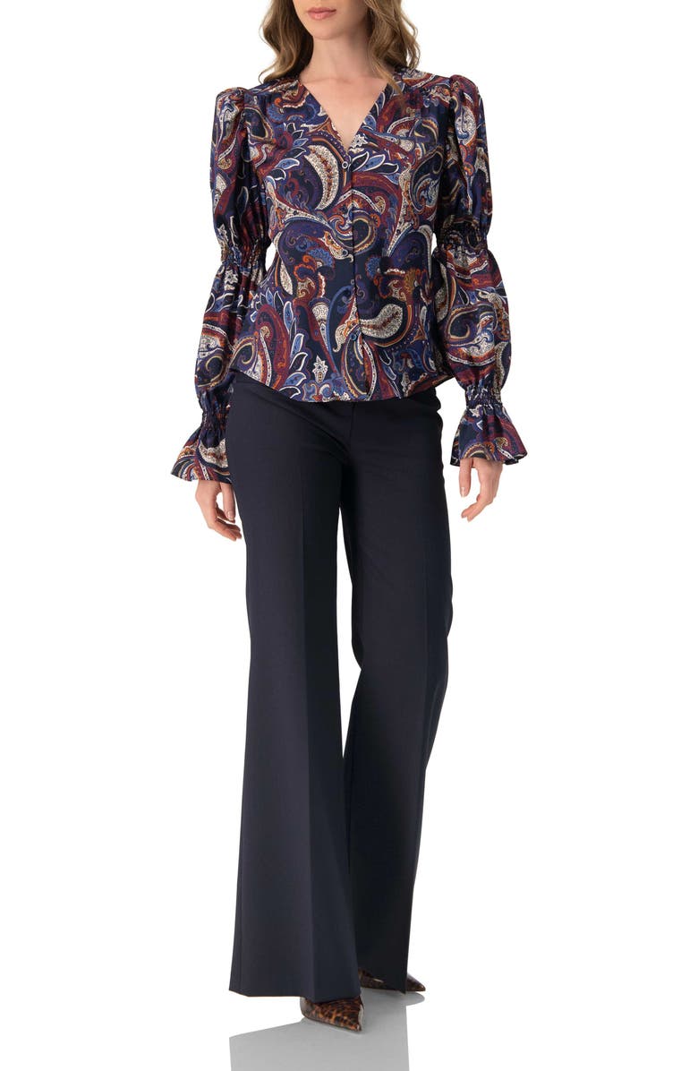 IVONNE V-Neck Printed Shirt With Smocked Sleeves, Alternate, color, Multi-Brown