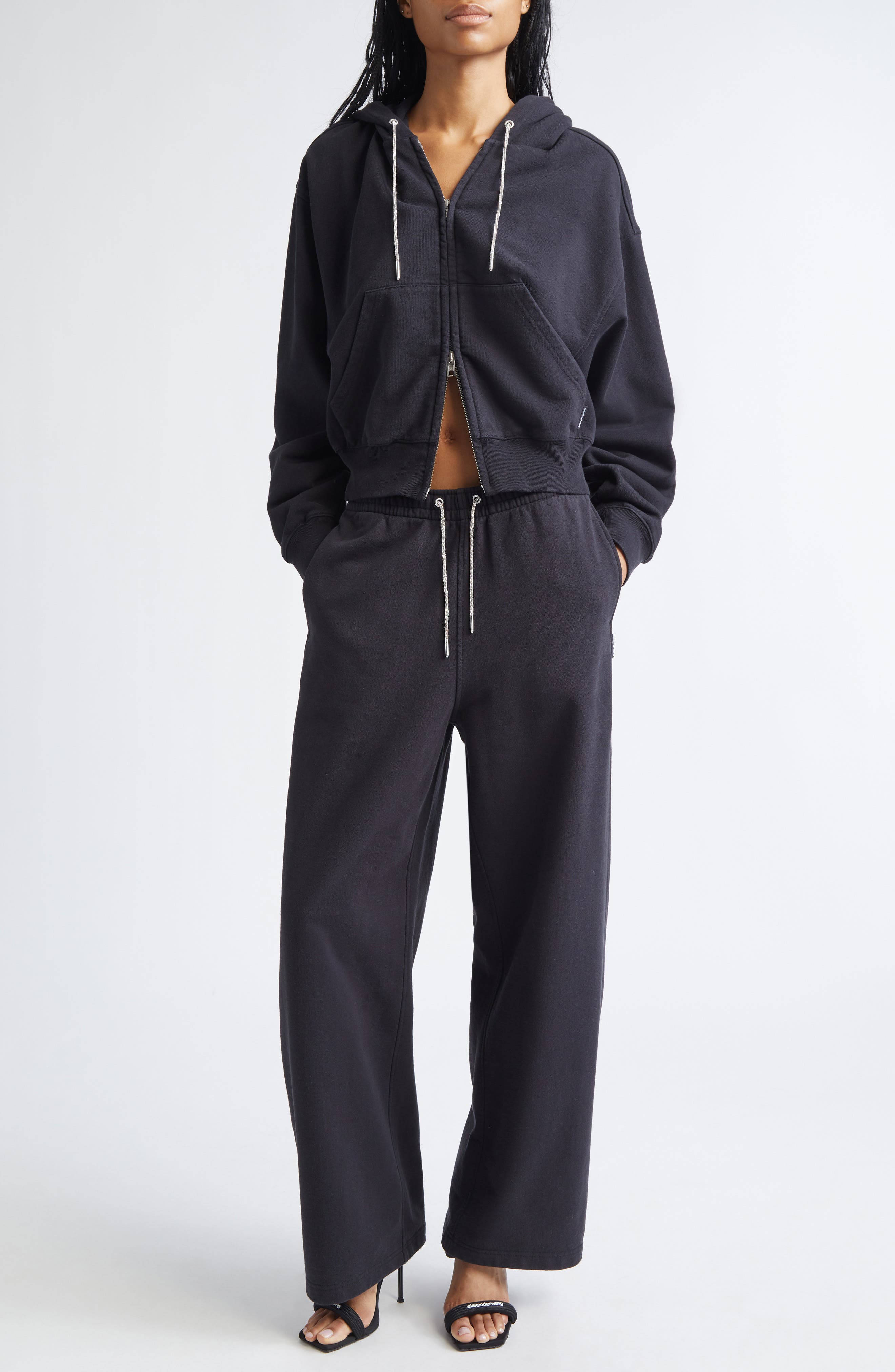Wide Leg Sweatpants with Rhinestone Drawstring - image 2