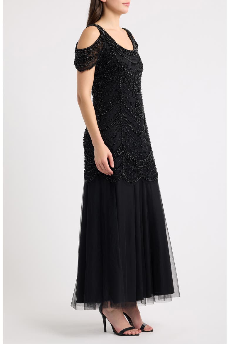 Beaded Cold Shoulder Gown, Alternate, color, BLACK