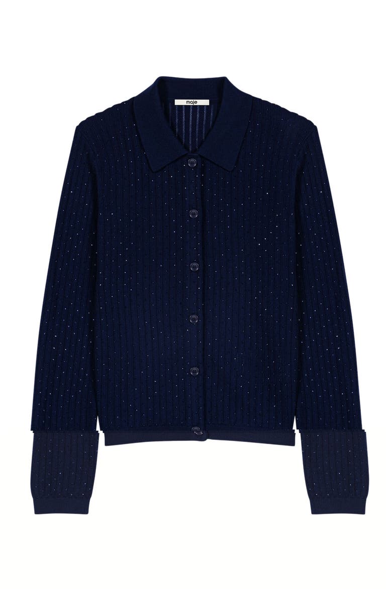 Rhinestone polo collar cardigan, Main, color, Navy