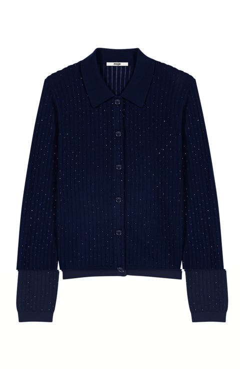 Rhinestone polo collar cardigan