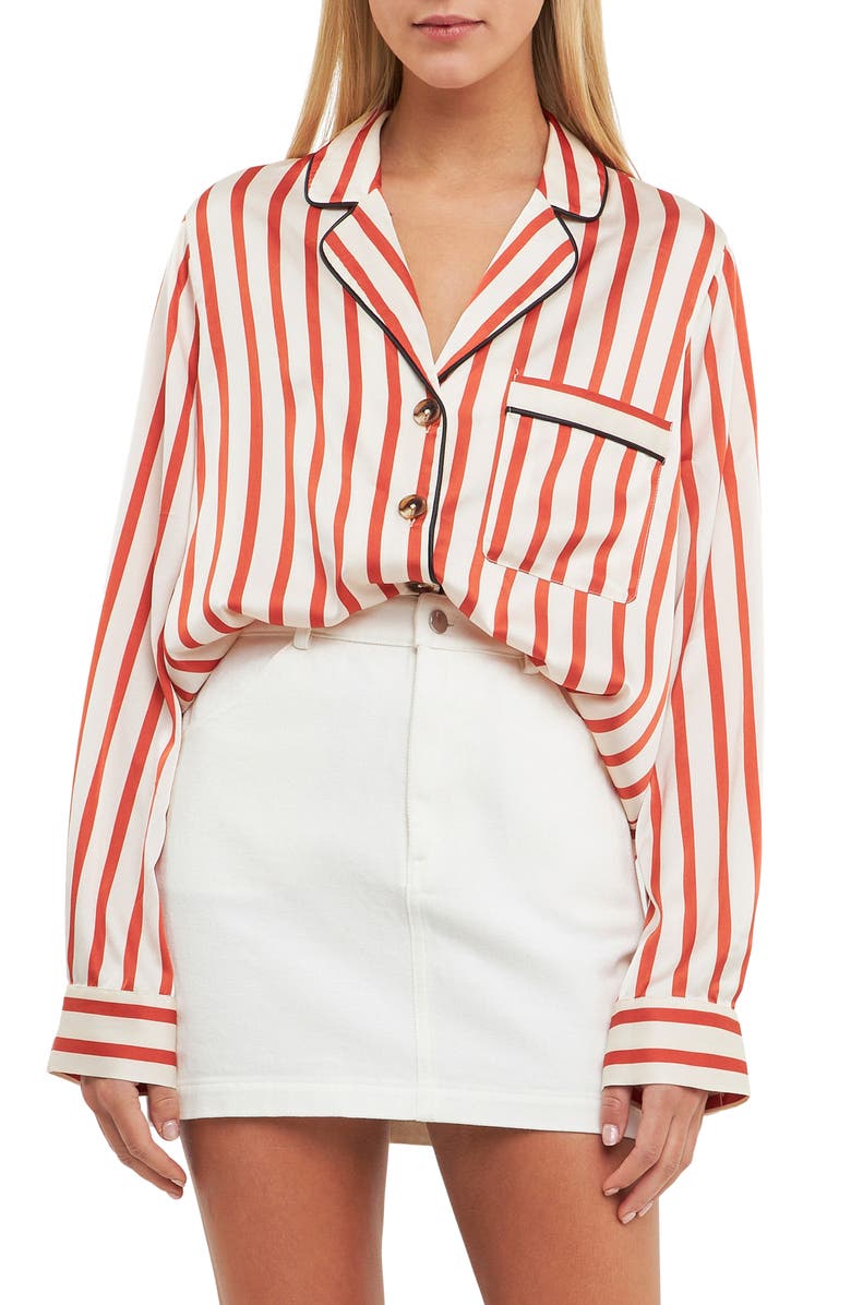English Factory Striped Satin Button-Up Shirt, Main, color, 