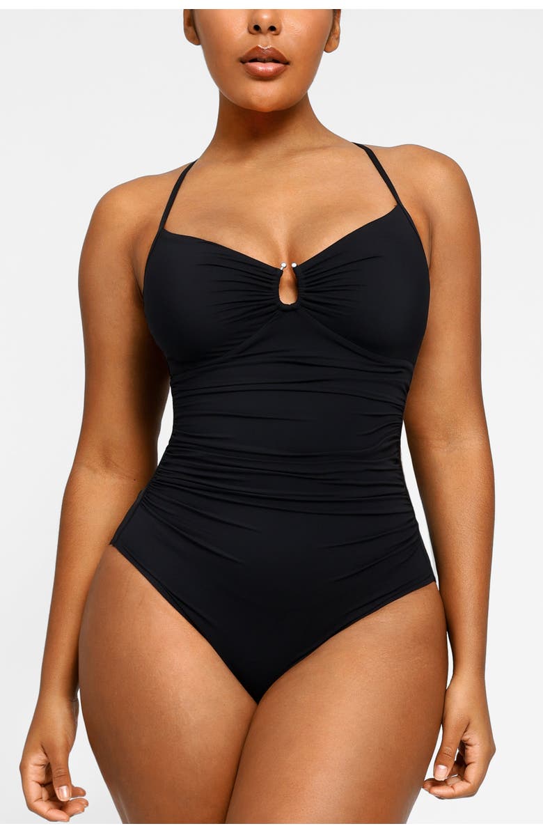 Shapellx Smart Sculpt U-Ring Cut Out Shaping Swimsuit, Alternate, color, Jet Black