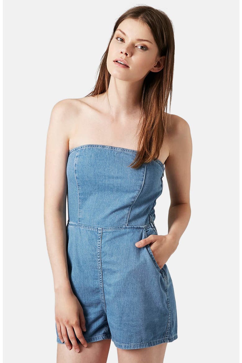 Moto Bandeau Denim Romper, Main, color, LIGHT DENIM