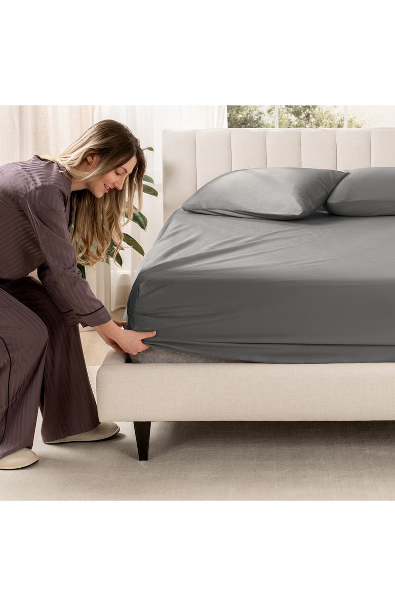 Bare Home 400 Thread Count Organic Cotton Sateen Fitted Sheet - Split Head King, Alternate, color, Grey