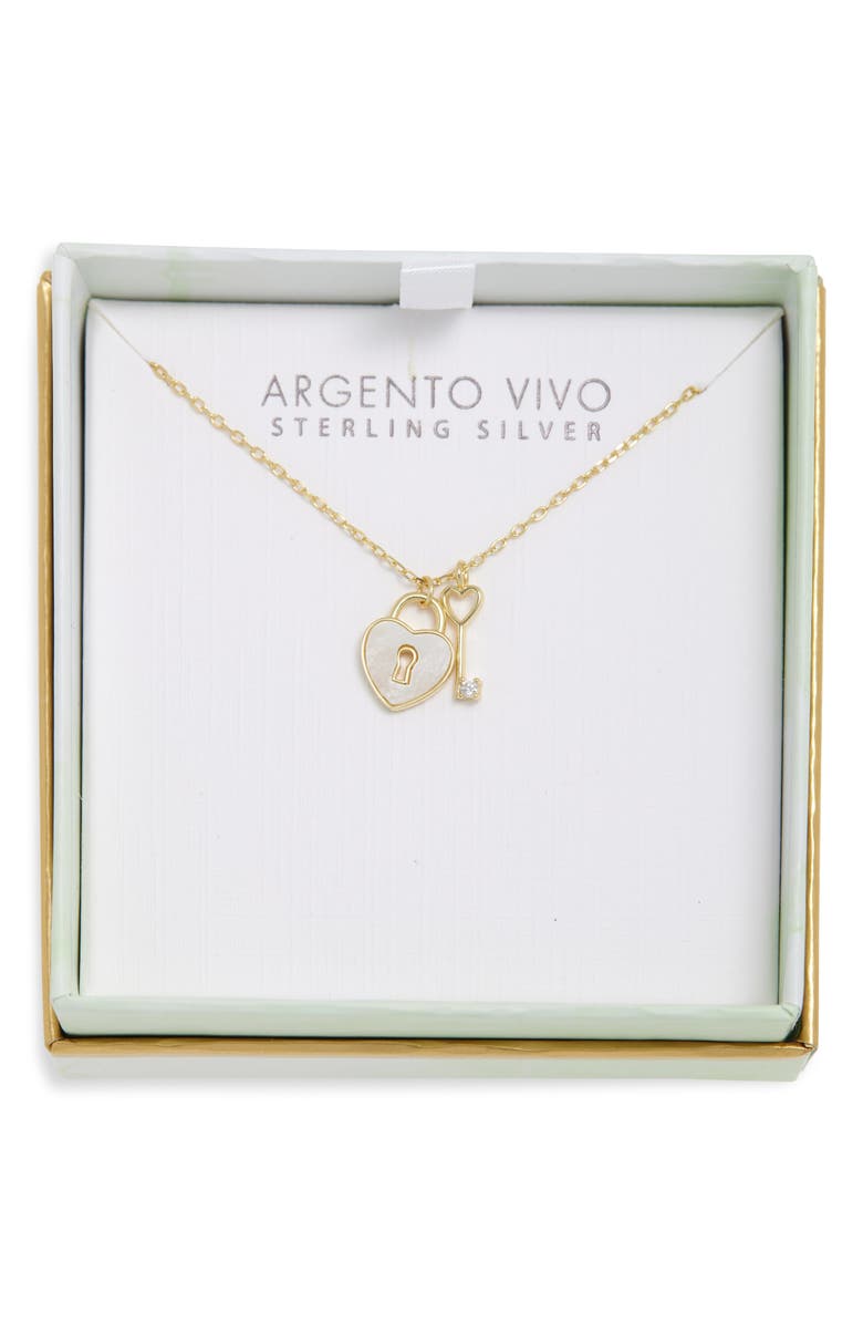ARGENTO VIVO Mother-of-Pearl Heart Lock & Key Charm Necklace, Main, color, Gold