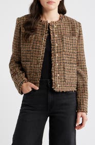 Bernardo Fringe Crop Cotton Tweed Jacket