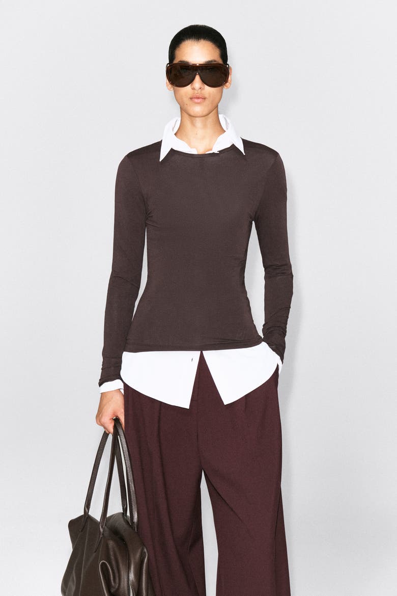 Cotton Long-sleeved Top, Main, color, DARK BROWN