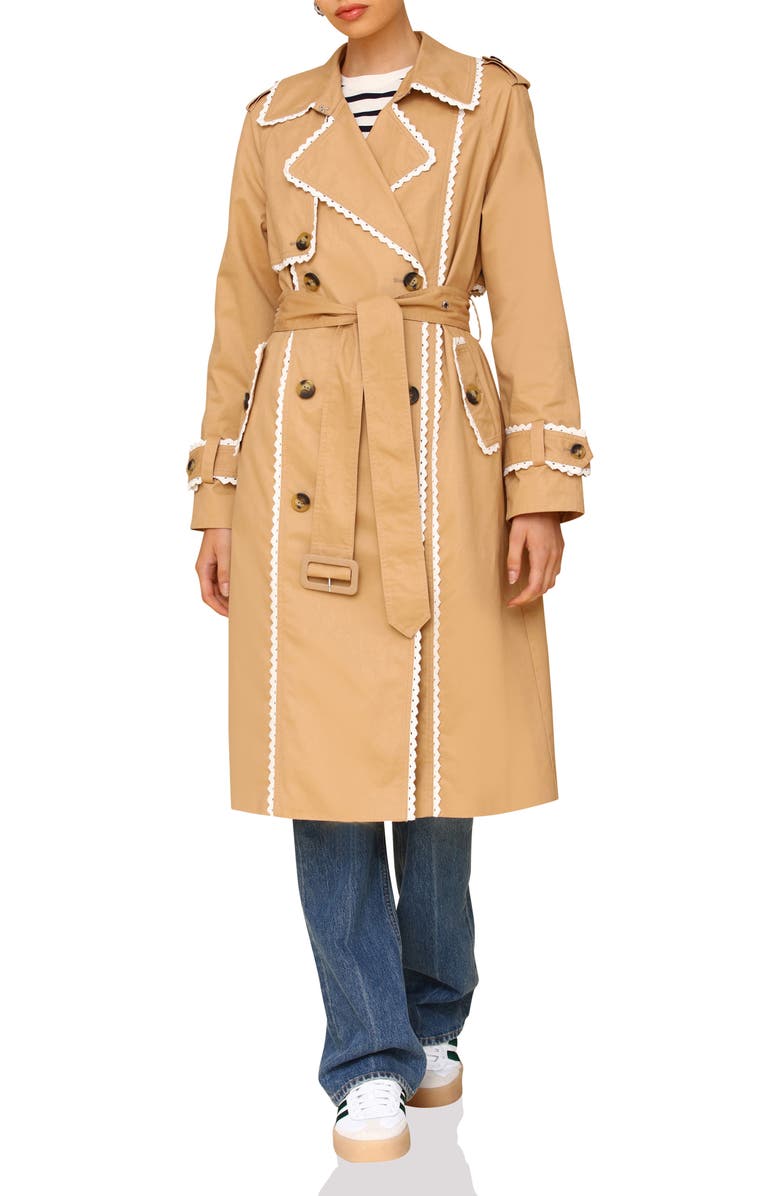 Avec Les Filles Lace Trim Double Breasted Cotton Trench Coat, Main, color,