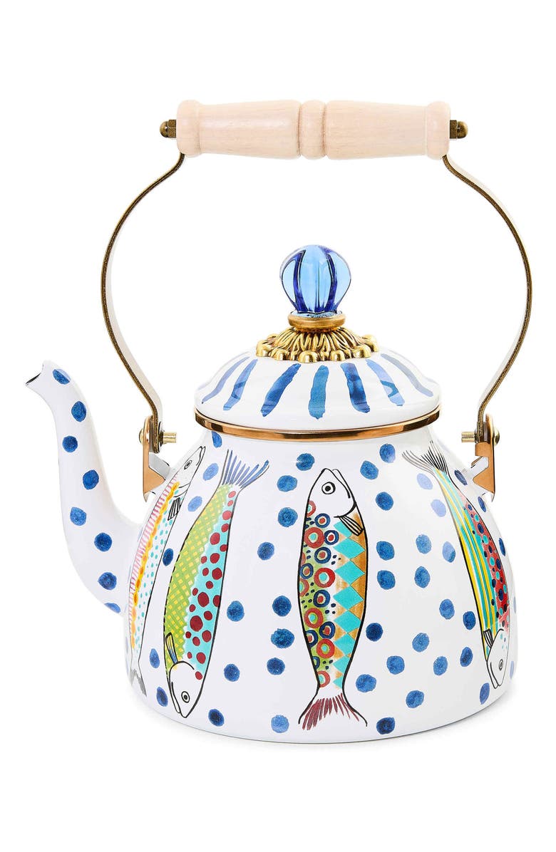 MACKENZIE CHILDS Go Fish Enameled Steel 2-Quart Tea Kettle, Main, color, Blue
