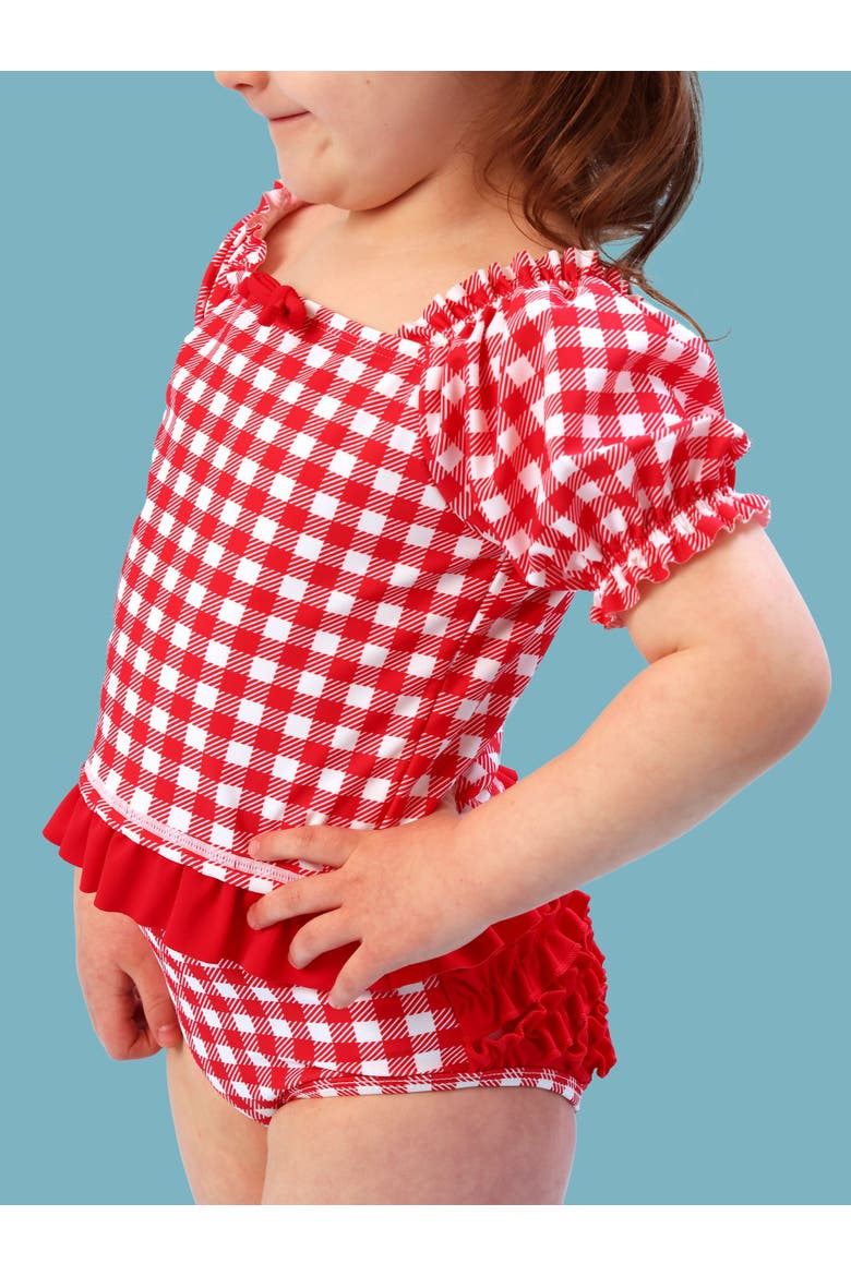 UPF50+ Puff Sleeve Ruffle Tankini 2-Piece Swimsuit, Alternate, color, Vintage Red Gingham