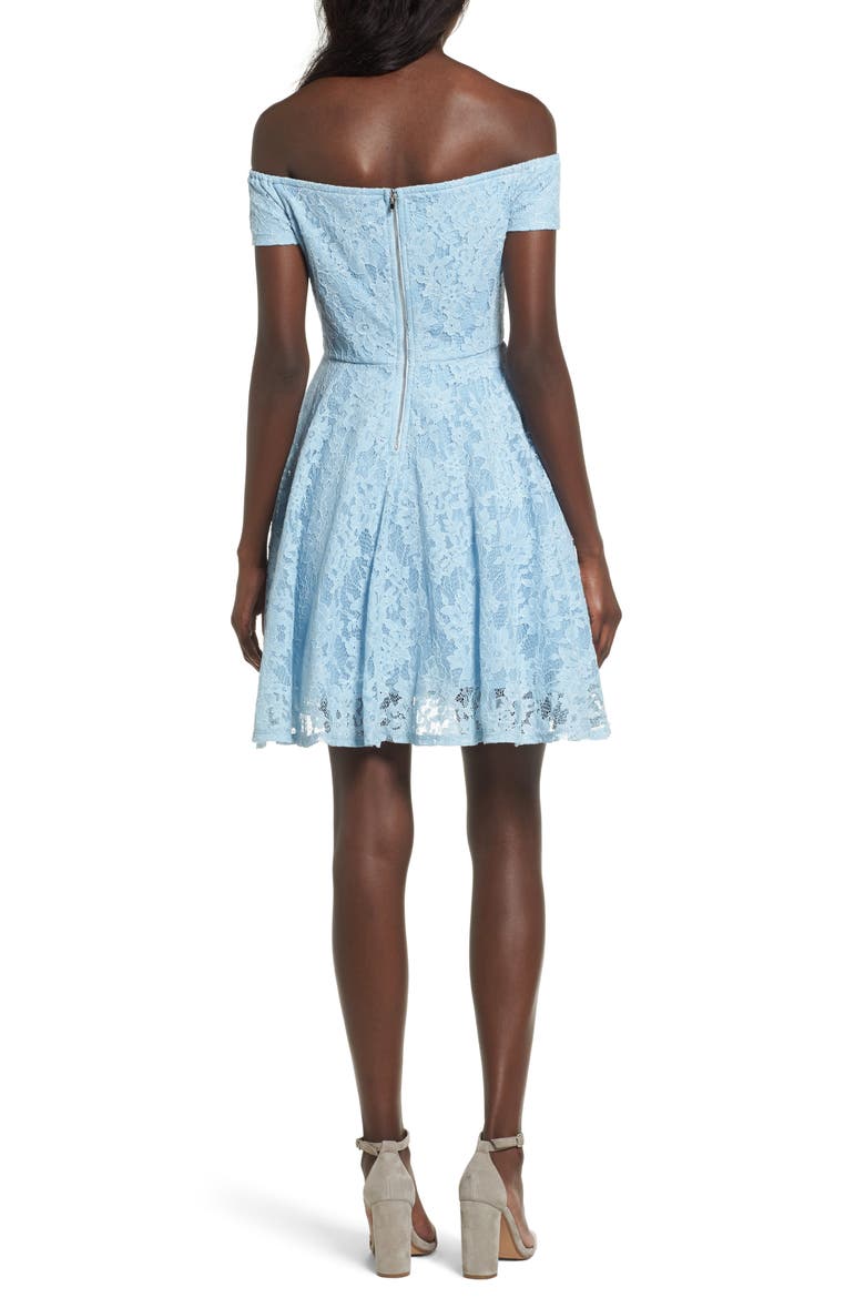 Lace Off the Shoulder Fit & Flare Dress, Alternate, color, WASHED BLUE