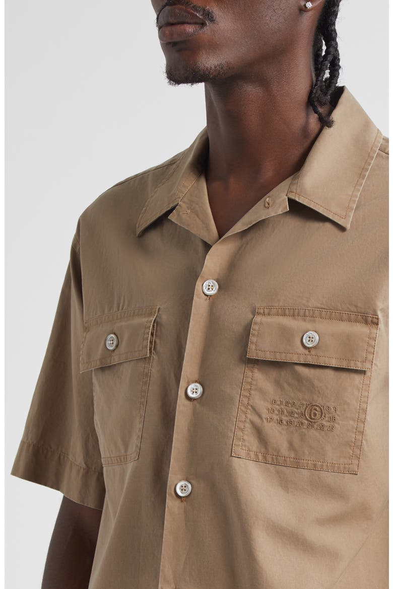 Embroidered Numeric Logo Short Sleeve Button-Up Shirt, Alternate, color, DUNE