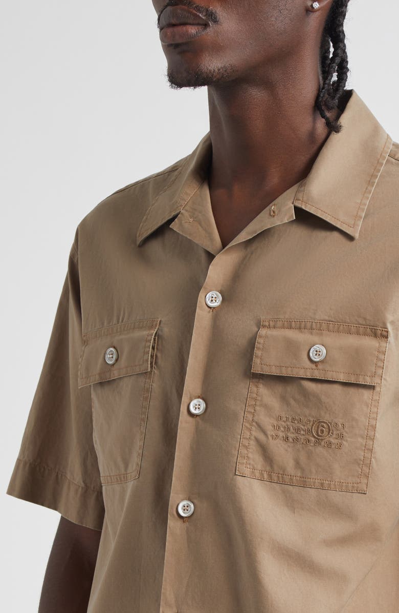 MM6 Maison Margiela Embroidered Numeric Logo Short Sleeve Button-Up Shirt, Alternate, color, Dune
