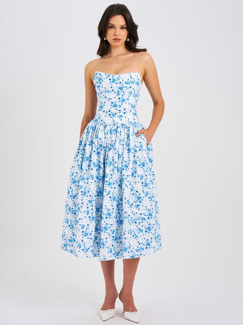 Miss Circle Paloma Linen Corset Draping Top Midi Dress In Blue