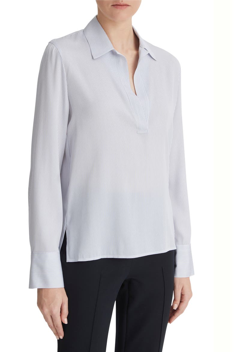 Micro Stripe Stretch Silk Popover Shirt, Alternate, color, SKY GRAPHITE