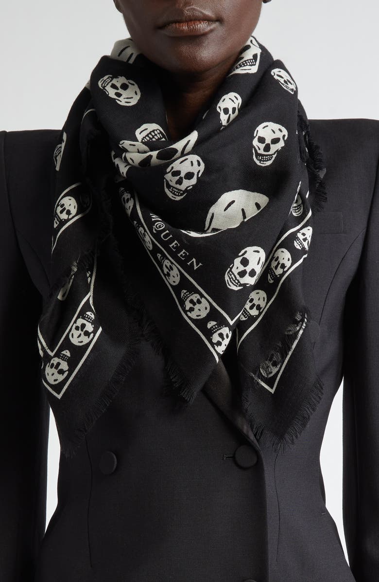 McQueen Skull Print Wool Fringe Scarf, Alternate, color, Black/ Ivory