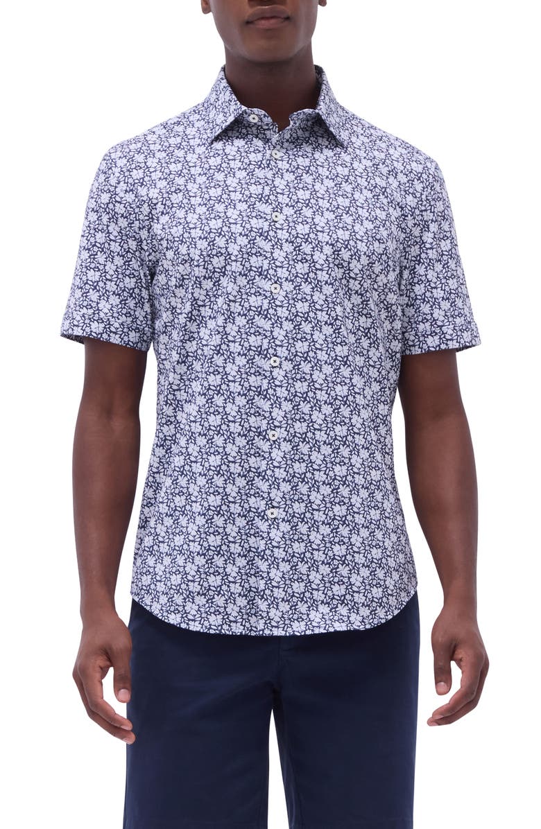 Bugatchi Miles OoohCotton<sup>®</sup> Floral Short Sleeve Button-Up Shirt, Main, color, Navy