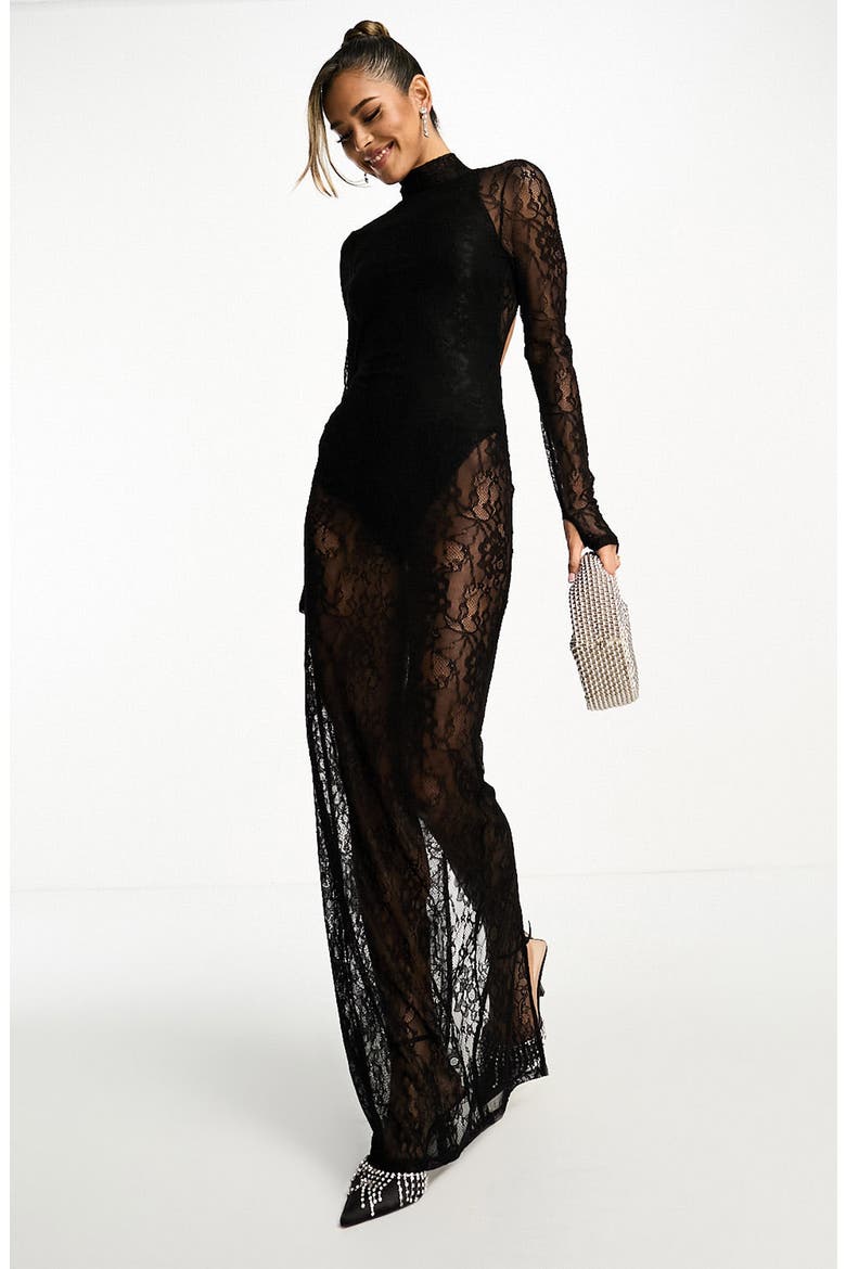 Long Sleeve Lace Overlay Body-Con Maxi Dress, Main, color, BLACK