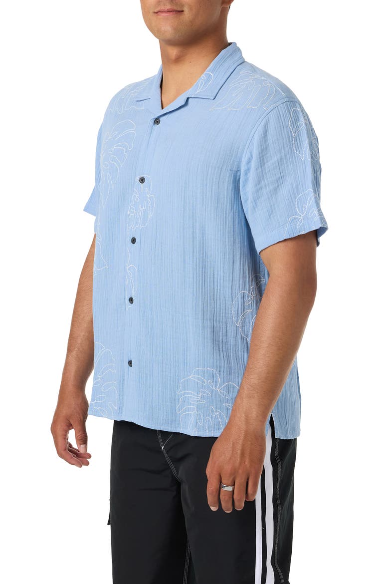 Pipeline Rodeo Monstera Embroidered Gauze Camp Shirt, Alternate, color, BLUE GLASS