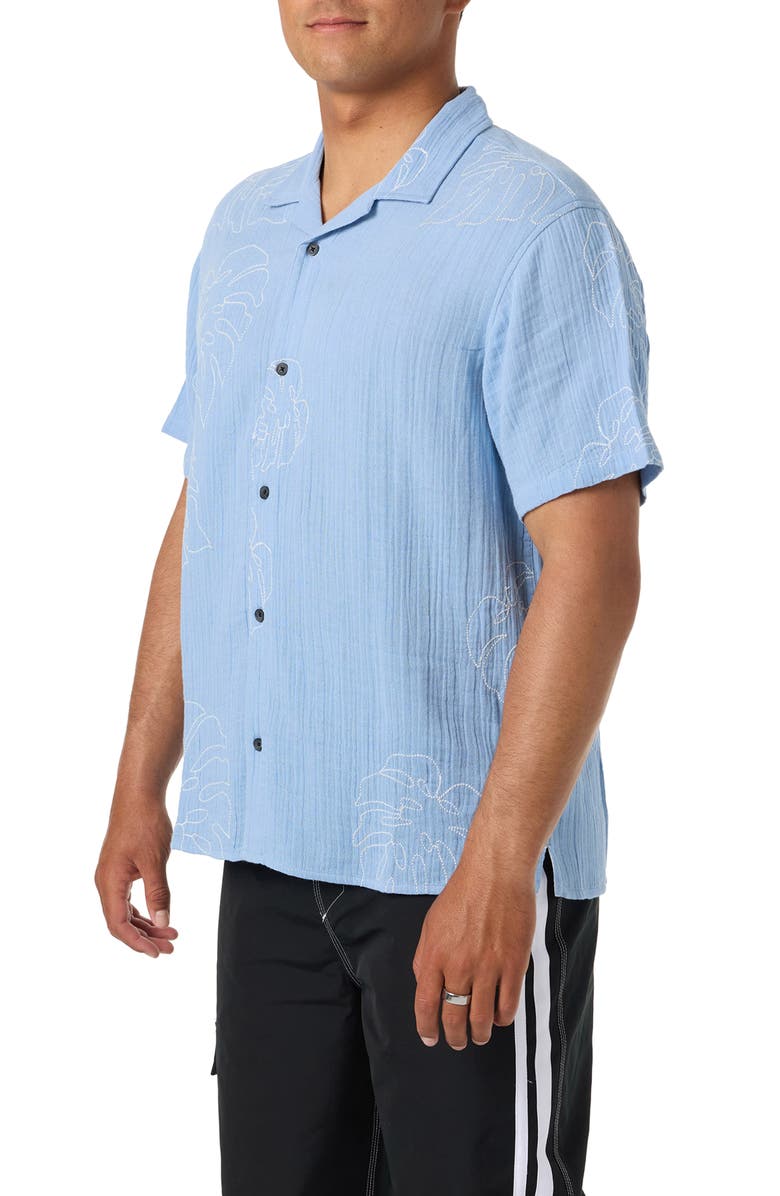 O'Neill Pipeline Rodeo Monstera Embroidered Gauze Camp Shirt, Alternate, color, Blue Glass