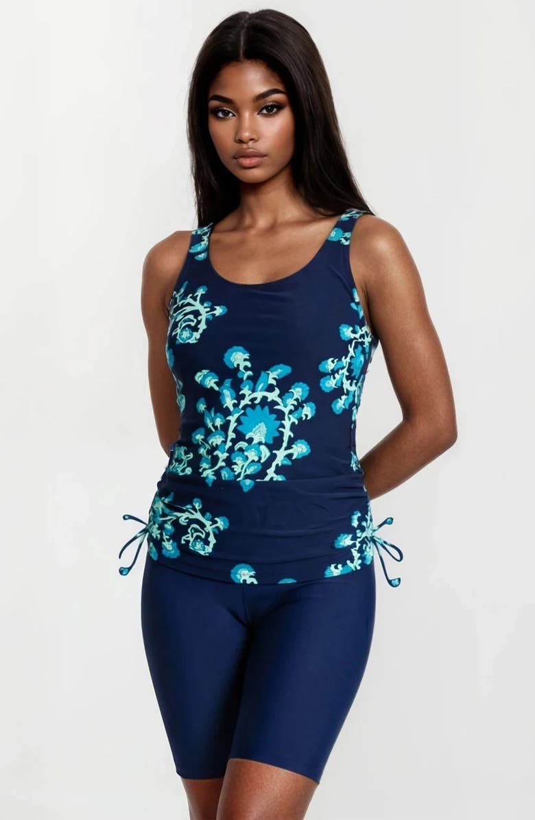 Calypsa Maya Tankini Swim Top With Built-in Bra and Navy Long Bike Swim Shorts Set, Alternate, color, Barbados Blue