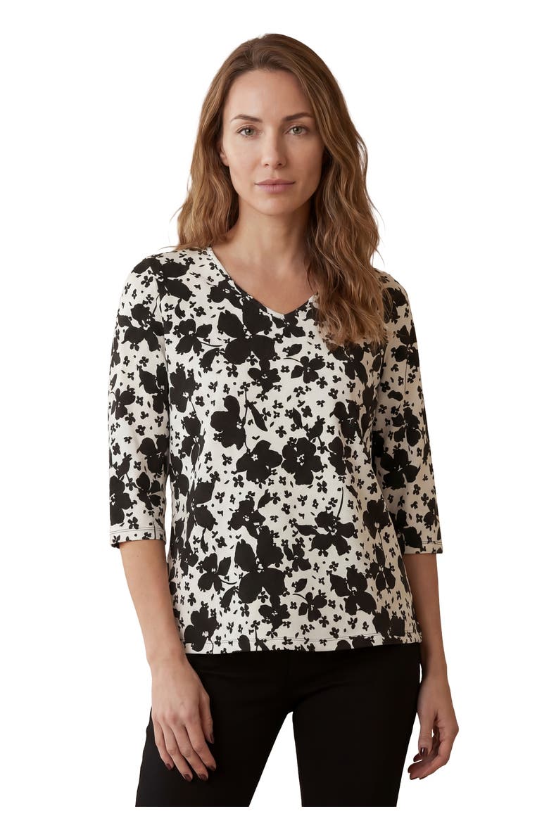 Stretch Cotton V-Neck Tee, Main, color, BLACK WHITE FLORAL MIX
