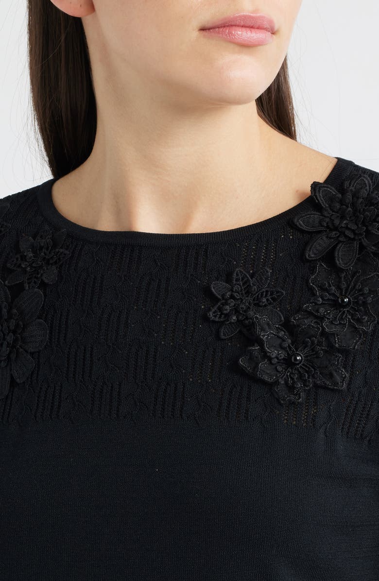 Anne Klein 3D Floral Appliqué Yoke Sweater, Alternate, color, Anne Black