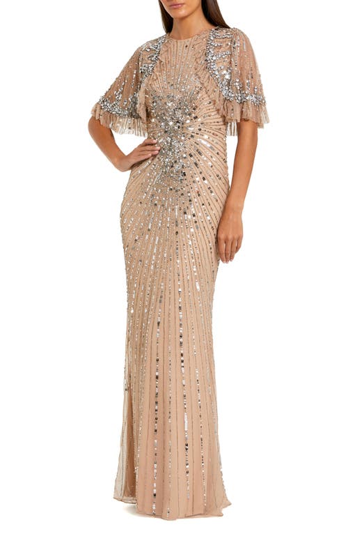 Mac Duggal Fitted Beaded Mesh Gown With Capelet In Pink