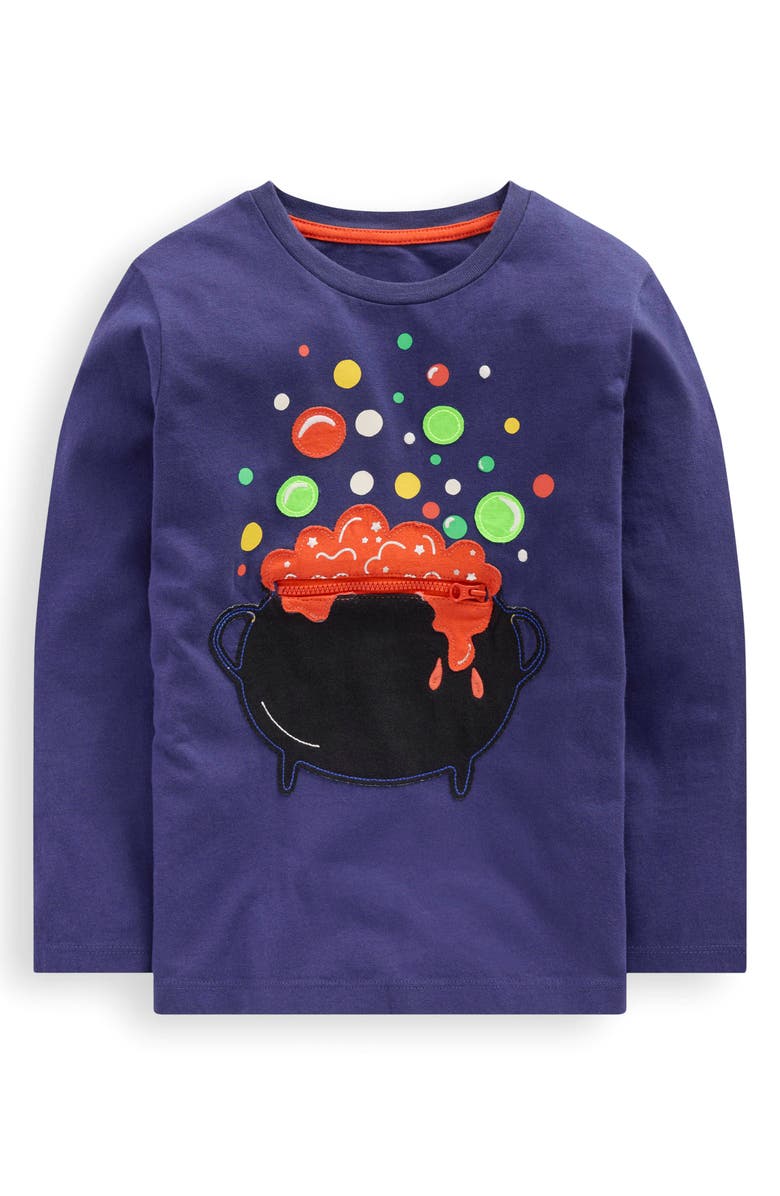 Mini Boden Kids' Halloween Cauldron Glow in the Dark Cotton Graphic Pocket T-Shirt, Main, color, Canary Yellow Owls