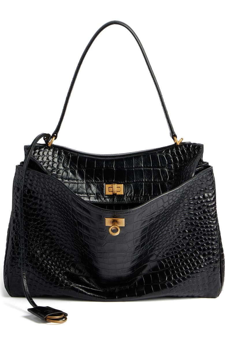 Balenciaga Medium Rodeo Croc Embossed Leather Shoulder Bag, Main, color, 1000 Black