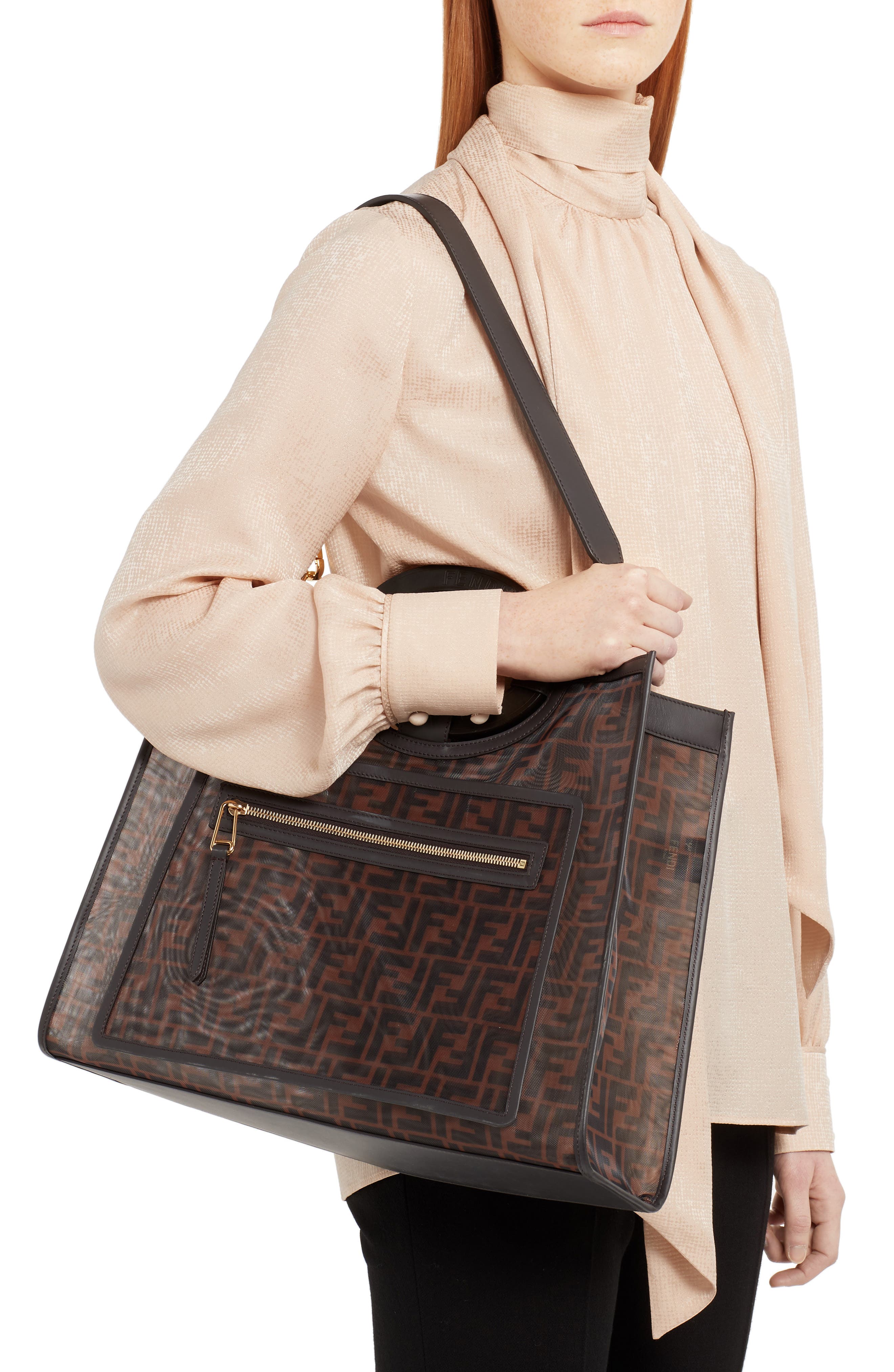 Fendi Medium Runaway Printed Logo Mesh Shopper, Alternate, color, 