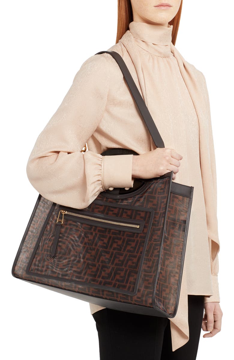 Fendi Medium Runaway Printed Logo Mesh Shopper, Alternate, color,