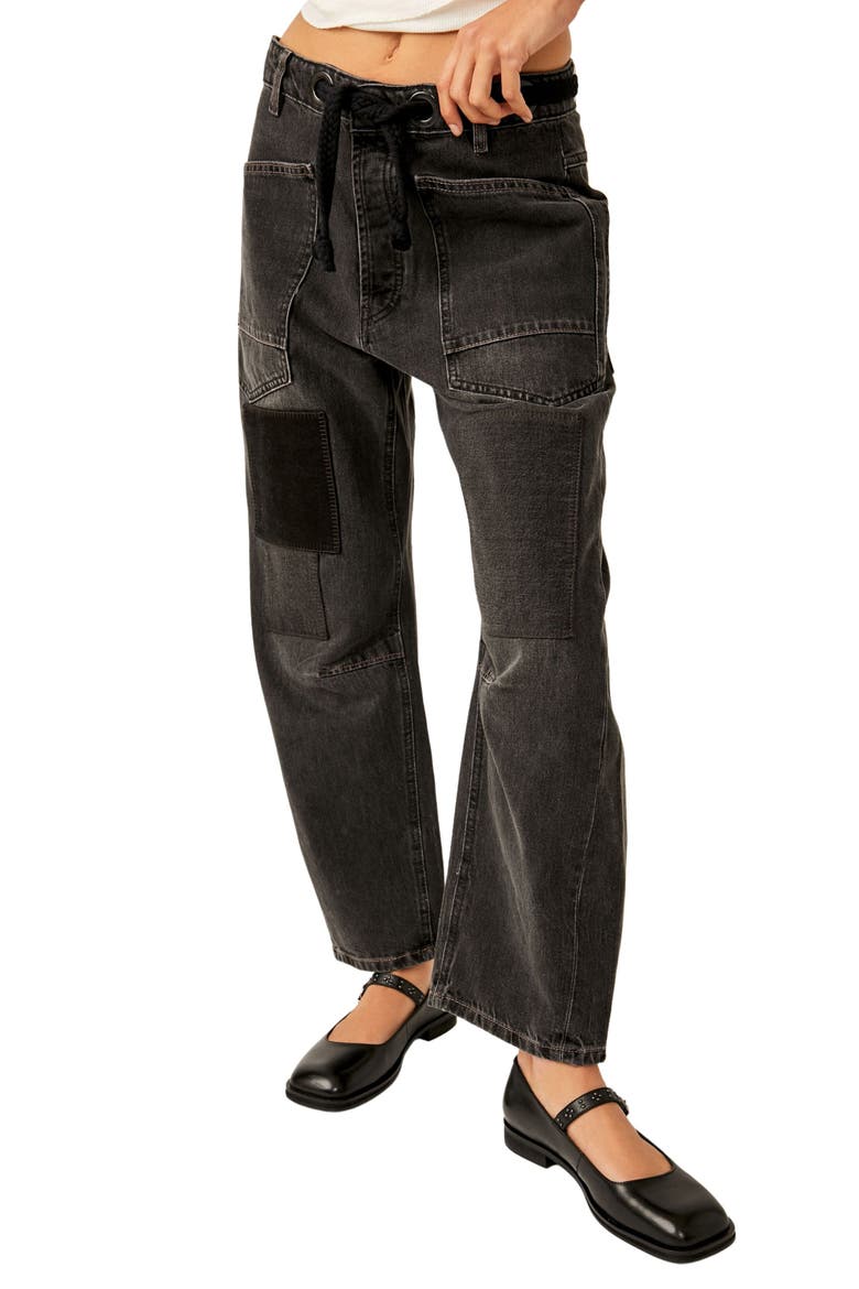 Moxie Low Rise Drawstring Barrel Leg Jeans, Main, color, NIGHT HAWK 2
