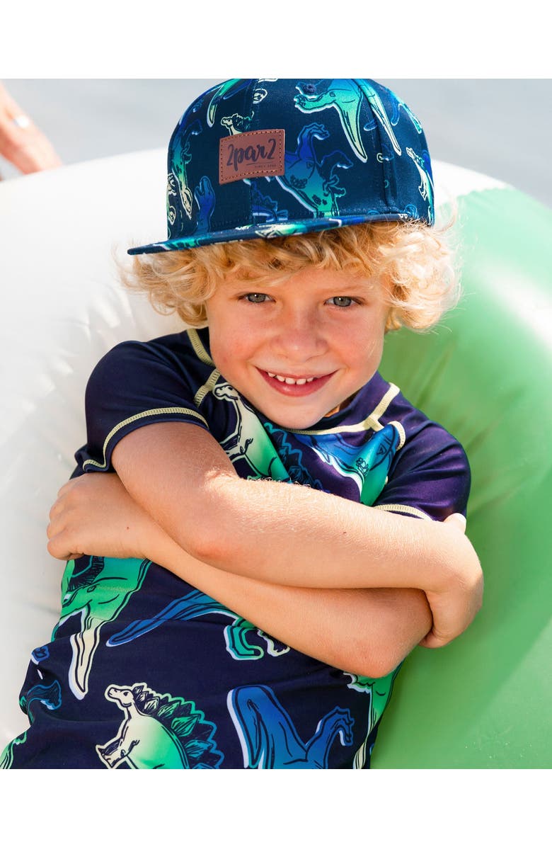 Deux par Deux Boy's Printed Cap Blue And Green Dino On Navy, Alternate, color, Blue And Green Dino On Navy