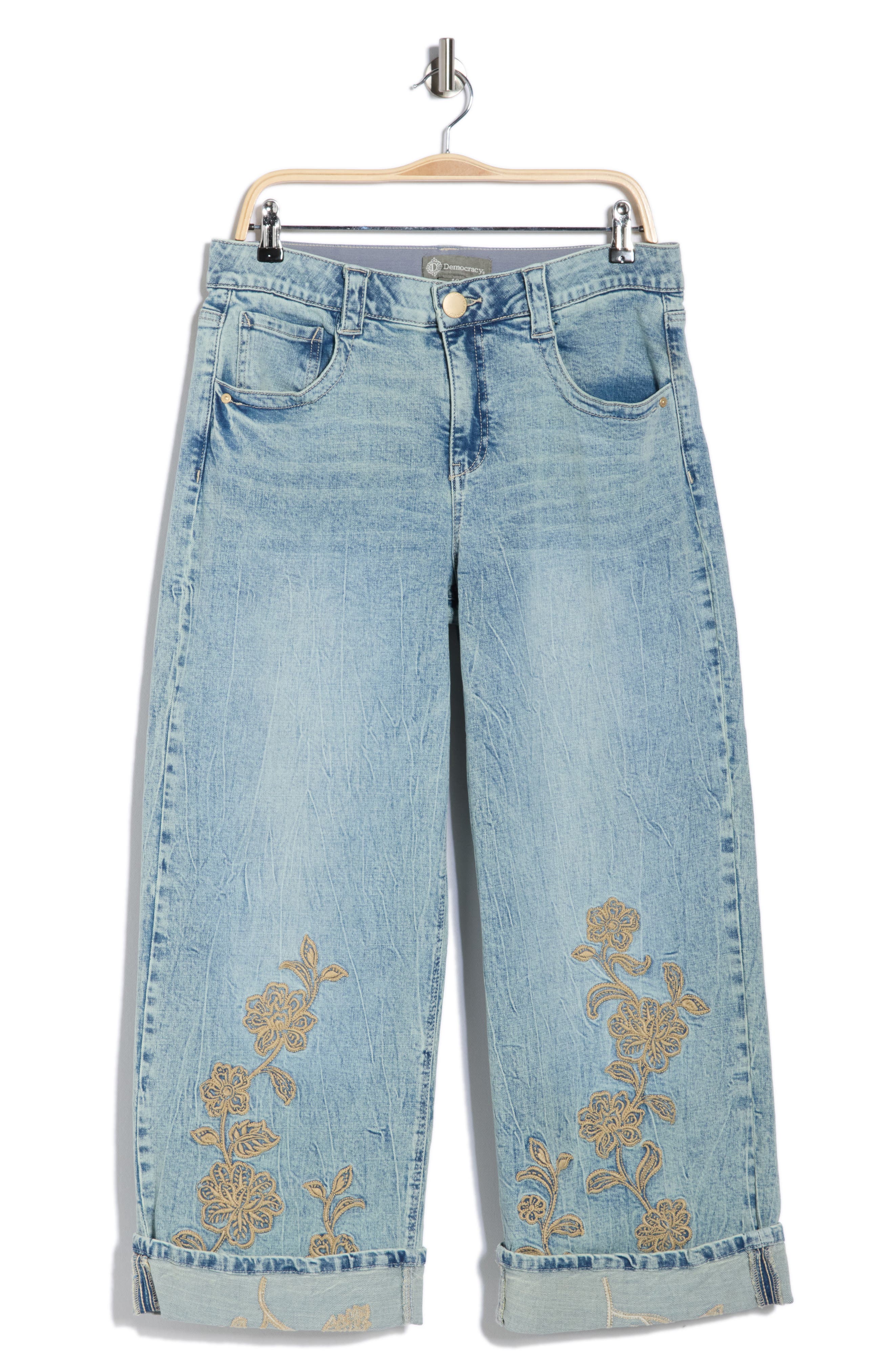 Democracy Floral Embroidered Cuffed Wide Leg Jeans