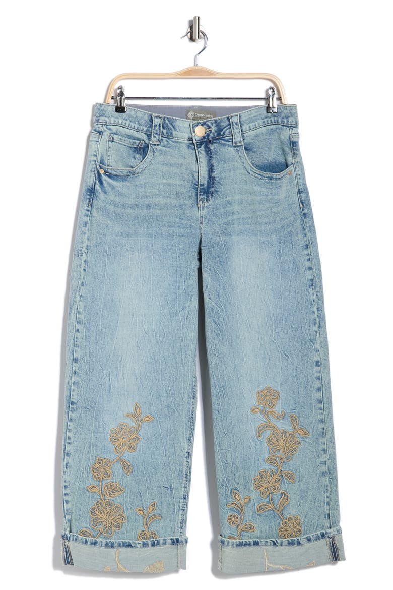 Floral Embroidered Cuffed Wide Leg Jeans, Alternate, color, LIGHT BLUE ARTISANAL