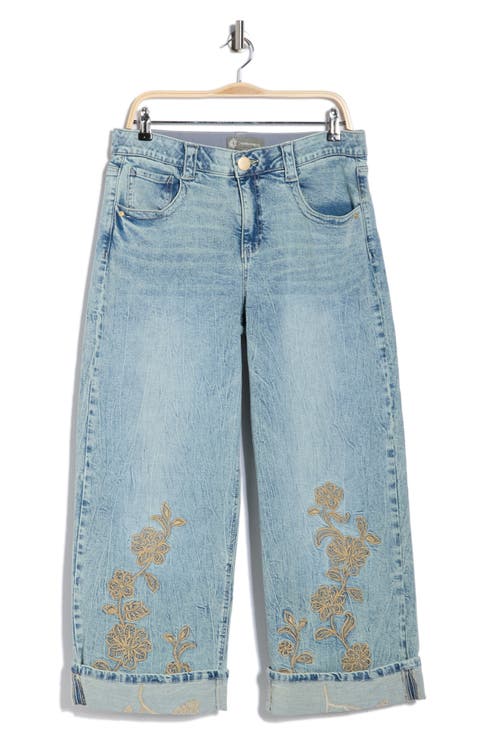 Floral Embroidered Cuffed Wide Leg Jeans (Light Blue Artisanal)