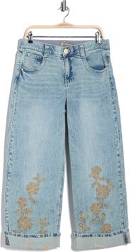 Democracy Floral Embroidered Cuffed Wide Leg Jeans